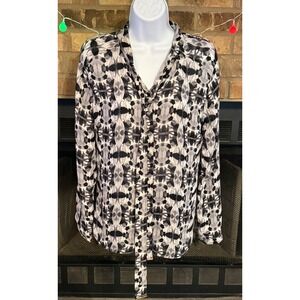 Worthington Geometric Print Tie-Neck Blouse Women's Size Medium Black Gray
